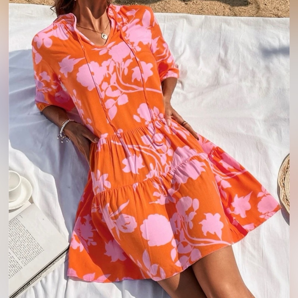 NEW! Floral Tie Neck Dress, Size L